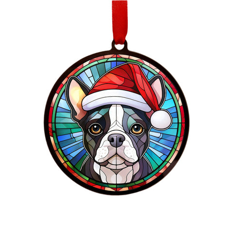 Boston Terrier in Santa Hat Suncatcher Decoration